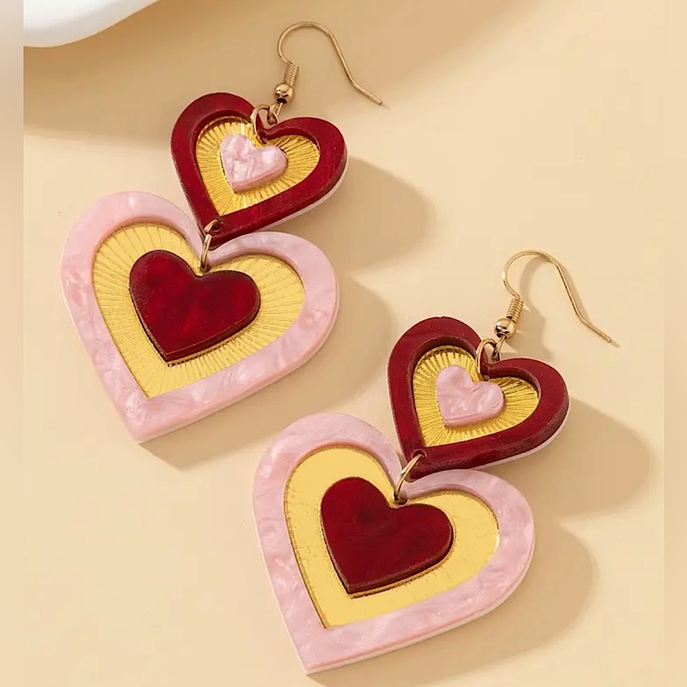 ❤️💗 Pink and Ruby Double Heart Dangle Earrings